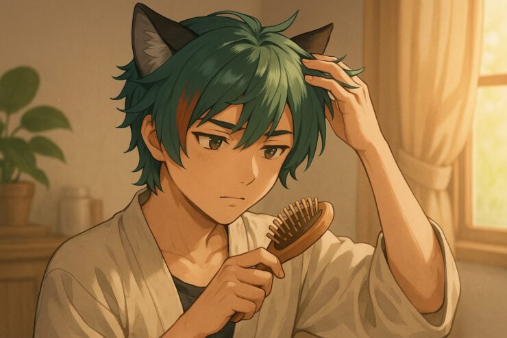 Sakurou brushing his hair gently in a cozy sunlit room, wolf ears visible, calm and focused expression