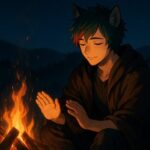 Sakurou sitting peacefully by a campfire at night, warming his hands in the soft glow under a starry sky