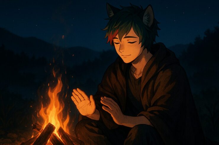 Sakurou sitting peacefully by a campfire at night, warming his hands in the soft glow under a starry sky