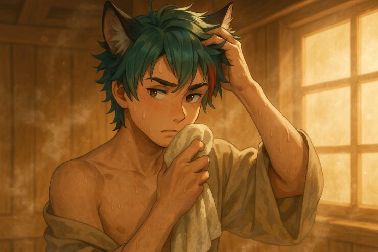 Sakurou after a bath, lifting his damp hair with one hand and holding a towel near his face, noticing a scalp odor in warm sunlight and steam