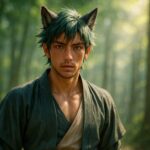サクロウ（狼耳の青年）が朝霧の森林で立ち止まり、赤い瞳が生命の鼓動を宿すシーン | Sakurou, a young wolf-eared warrior standing in a misty sunlit forest with fiery red eyes and wild teal hair