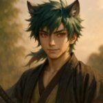 狼耳と緑青ベースに焔赤の筋を入れたワイルドショートヘアのサクロウが、風を受けながら横長構図で立つ姿（Wolf-eared Sakurou with wild short green-aqua hair streaked with red blaze, standing in the wind in a cinematic wide composition）