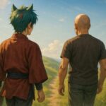 草原の山道を風に吹かれながら進むサクロウとスキンヘッドの男性の背中。｜Sakurou and a bald man walking side by side on a sunlit grassy trail, embraced by wind and freedom.