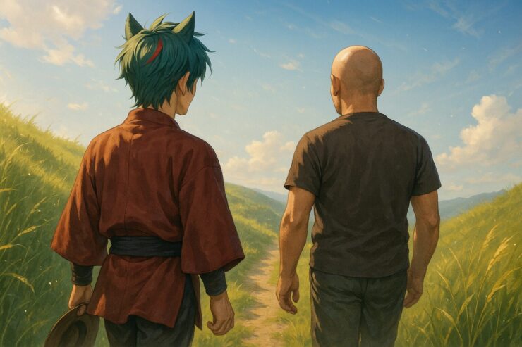 草原の山道を風に吹かれながら進むサクロウとスキンヘッドの男性の背中。｜Sakurou and a bald man walking side by side on a sunlit grassy trail, embraced by wind and freedom.