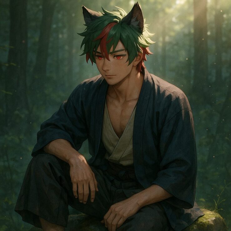 朝霧の森で岩に腰掛け、整った表情で佇むサクロウ(Sakurou sitting on a mossy rock in a misty forest, resting after a run)