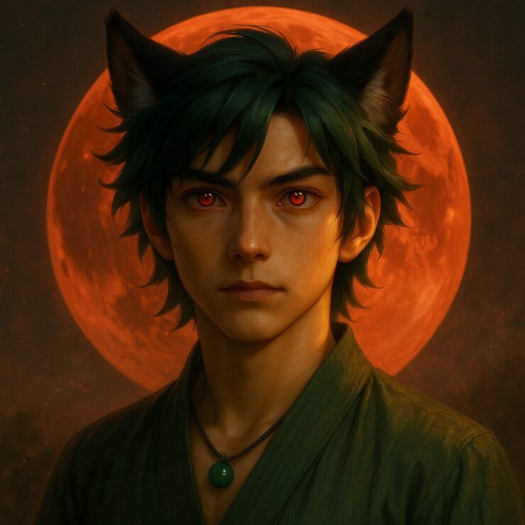 赤い満月を背に立つサクロウ|Sakurou standing beneath the blood-red full moon