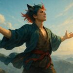 山頂で風を受けて立つサクロウが、両腕を広げて空を仰ぐ。若々しいエネルギーが全身からあふれる瞬間。｜Sakurou stands tall on a mountain peak, arms open wide, facing the wind with youthful energy and confidence in his expression.