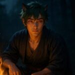 焚き火のそばで静かに寄り添うサクロウ（狼獣人）｜Sakurou sitting by the bonfire at night, quietly connecting with the viewer