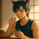 和室でサプリを飲もうとしているサクロウ。緑青色の髪と狼耳、静かな午後の光に包まれた瞳が印象的。彼の穏やかな表情と指先に宿る集中が、自己管理の静かな強さを物語る。 Sakurou, a wolf-eared man with greenish-teal hair, calmly prepares to take a supplement in a serene Japanese tatami room, under soft golden sunlight.