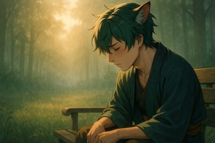 朝霧の森で一人ベンチに座るサクロウ。うつむく姿勢のまま、頬に差し込む朝の光が“もう一度立ち上がりたい”気持ちをそっと映し出す。 Sitting quietly on a bench in a misty forest at dawn, the young man with wolf ears lowers his head, while golden morning light softly touches his cheek—hinting at silent resilience.