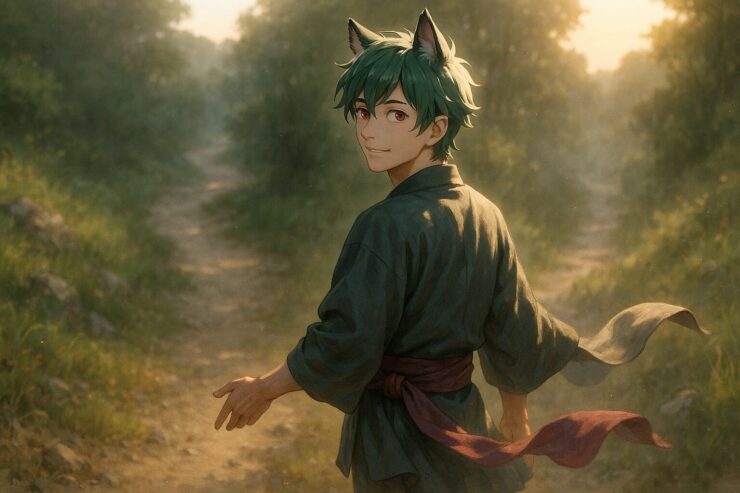 山道で立ち止まり、振り返って穏やかに微笑むサクロウ。夕暮れの柔らかな光が頬と腰布を照らし、風に舞う布が“再び動き出せる”火種の余白を描いている構図。