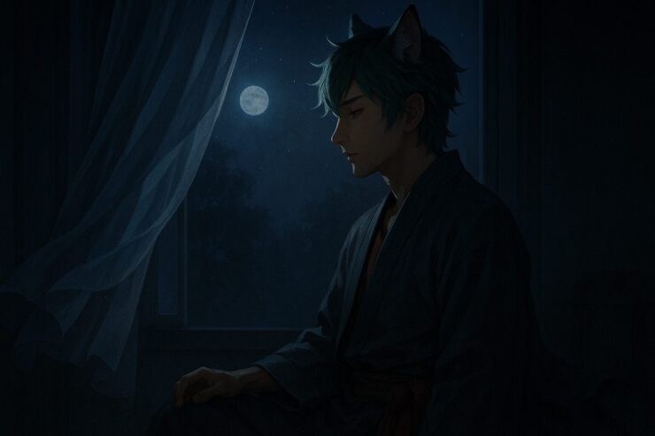 月明かり差し込む夜の部屋で、サクロウがカーテン越しに外を見つめている。横顔には静かな決意が宿り、緑青の髪と狼耳が月光に淡く照らされる構図。
