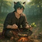 森林の中、焚き火を囲みながら調理をするサクロウ。緑青の髪と焔赤の瞳に自然の光が差し、穏やかな表情で山菜を鍋に入れようとしている。手元にはサプリ瓶と薬草袋が置かれ、食と補助の両立を象徴する構図。