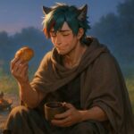 野営地の朝。パンを見つめて苦笑する狼耳の青年サクロウ。もう片手には野草茶。頬に朝日が差し込み、選び直すことへの余白と笑いが静かに描かれている。 At a morning campsite, a wolf-eared youth gazes at a processed bread roll with a wry smile. A cup of wild herb tea rests in his other hand, as morning light softly outlines his cheeks — a quiet scene of reflection and gentle humor.