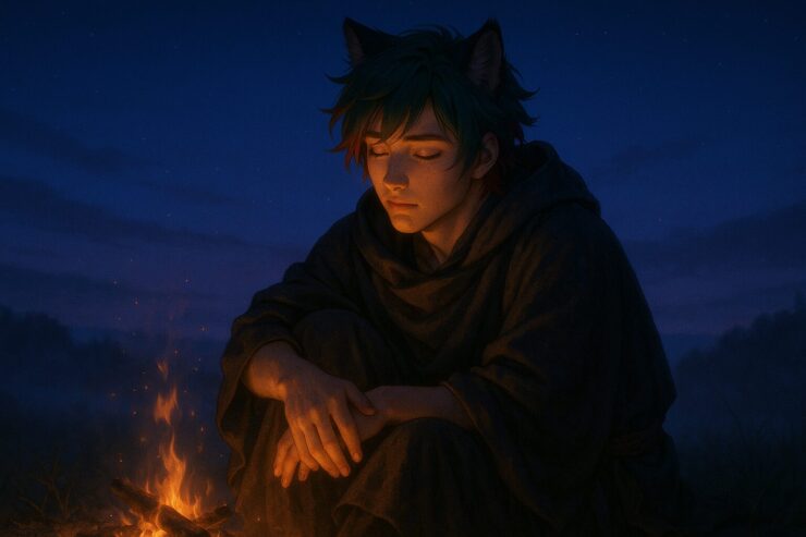 夜明け前の静かな高原。焚き火のそばで目を閉じて座る狼耳の青年サクロウ。頬と指先に火の光が滲み、まどろむ姿が夜を越える身体の修復を語る。 A wolf-eared youth sits by a fire before dawn, eyes closed in a state of drowsy stillness. Firelight glows softly on his cheeks and fingertips, as if his body is quietly healing through rest.