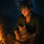 焚き火のそばで膝に小さな犬を抱え、微笑む青年・サクロウ。狼耳と緑青の髪が火に照らされ、頬に淡い照れ火種が宿る静かな夜の構図。 Sakurou sits by a campfire with a small dog on his lap, softly smiling as firelight warms his green hair, wolf ears, and blushing cheeks in the calm forest night.
