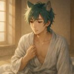朝の柔らかな光が差す和室で、布をまといながら目を覚ます青年・サクロウ。緑青の髪と狼耳、頬と鎖骨に宿る火種が眠りの余韻と共に浮かぶ。 Sakurou sits up in a sunlit tatami room, wrapped in a soft blanket. His tousled green hair, red streak, and wolf ears glow gently as morning light caresses his face and collarbone.