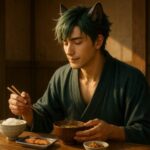 山小屋の木製テーブルで、納豆・味噌汁・ごはん・焼き魚を丁寧に食べる青年・サクロウ。緑青の髪と狼耳が朝日を受け、布と器に静かな火種が灯る。 Sakurou sits at a wooden table in a mountain cabin, enjoying a simple Japanese breakfast. Soft sunlight catches his green hair, wolf ears, and the gentle folds of his robe.