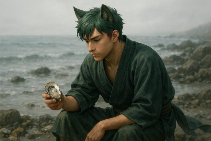 静かな海辺で、しゃがんで牡蠣の殻を見つめる青年・サクロウ。濃緑の羽織が風に揺れ、曇り空のやわらかな光が頬と肩に差し込む。 Sakurou, a young man with green wolf ears, crouches by a rocky beach, examining an oyster shell in quiet focus. The sea breeze stirs his robe as mist softens the coastal light.