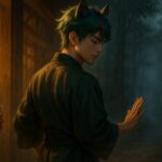 夜の街と森の境界で、グラスを差し出された手を静かに断る青年・サクロウ。狼耳と緑青の髪、凛とした目元が光と闇のあいだに浮かぶ構図。 Sakurou stands between a glowing street and a misty forest, quietly refusing an offered drink. His wolf ears and green hair catch the rim light in a moment of silent resolve.