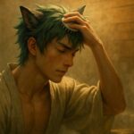 風呂場の湯気の中、サクロウが頭皮を丁寧に洗う横顔。赤と緑の髪が濡れ、頬にrim lightが柔らかく灯る。狼耳が湯気の中で微かに動き、静けさと実感のある育毛の時間を象徴する。 English In a misty bath scene, Sakurou gently massages his scalp. His green-aqua hair with red streaks is wet, rim light glows on his cheek, and his soft wolf ears twitch slightly. A quiet, vital moment of self-care is captured.