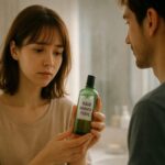 育毛剤の瓶を手にした若い女性が、パートナーと一緒に鏡の前で真剣な表情を浮かべる様子。 「これ、私も使っていいのかな？」という問いがにじむ空気感とともに、 育毛を共有する生活感と優しさが感じられる一枚。
