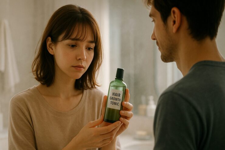 育毛剤の瓶を手にした若い女性が、パートナーと一緒に鏡の前で真剣な表情を浮かべる様子。 「これ、私も使っていいのかな？」という問いがにじむ空気感とともに、 育毛を共有する生活感と優しさが感じられる一枚。