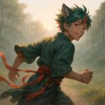 朝霧の山道を振り返りながら走る青年。風になびく緑青と焔赤の髪、狼耳、赤い腰紐が揺れ、瞳には静かな火種が宿る。躍動の中に、優しさが漂う構図。A young man with wolf ears and green-aqua hair streaked with red runs through a misty forest path at dawn, looking back with a hush smile. His red sash and glowing eyes capture a quiet warmth within motion.