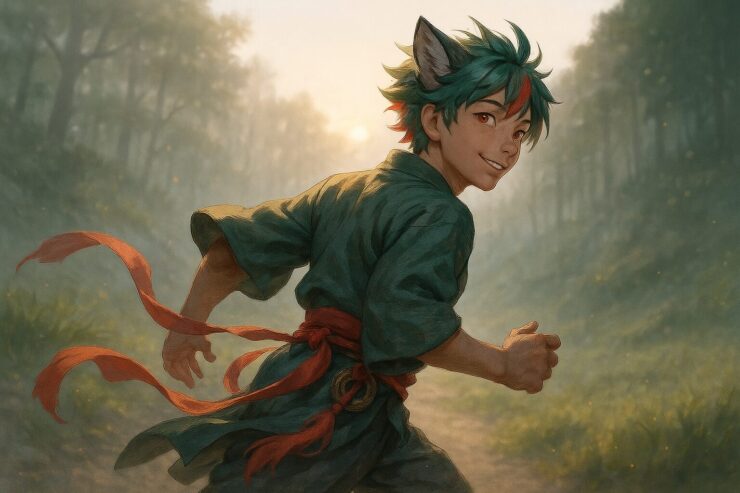 朝霧の山道を振り返りながら走る青年。風になびく緑青と焔赤の髪、狼耳、赤い腰紐が揺れ、瞳には静かな火種が宿る。躍動の中に、優しさが漂う構図。A young man with wolf ears and green-aqua hair streaked with red runs through a misty forest path at dawn, looking back with a hush smile. His red sash and glowing eyes capture a quiet warmth within motion.