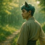 森の小道に立つ青年。緑青色の髪が風に揺れ、柔らかな布が陽光を受けてなびいている。背を向けた姿は穏やかで、自然と共鳴するような静かな決意を感じさせる構図。