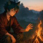 焚き火に手をかざして静かに微笑む青年。緑青と焔赤の髪が風に揺れ、頬と指先に暖かな光が集まる。朝霧の野営地に、静けさと火種が灯る構図。 A young man quietly smiles as he warms his hands by the fire. His green-aqua and red-streaked hair moves with the breeze, and soft light touches his cheeks and fingertips. The morning mist wraps around a quiet forest campsite.