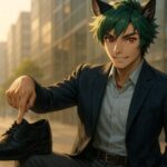 革靴を指差すスーツ姿のサクロウ。朝のビジネス街で、走れるビジネスシューズの選択を語りかけている構図。 A wolf beastman in a navy suit confidently points to his black dress shoe, inviting the viewer to reconsider how business shoes should feel—walkable, comfortable, and ready for action.