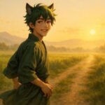 朝の田舎道を散歩するサクロウが、振り返って微笑む。火種のような瞳と風になびく布に、続けてきた朝の時間の静けさが宿る。 Sakurou walks along a countryside trail at sunrise, turning back with a warm smile. His eyes glow softly as the morning breeze lifts his cloth—quiet proof of habit.