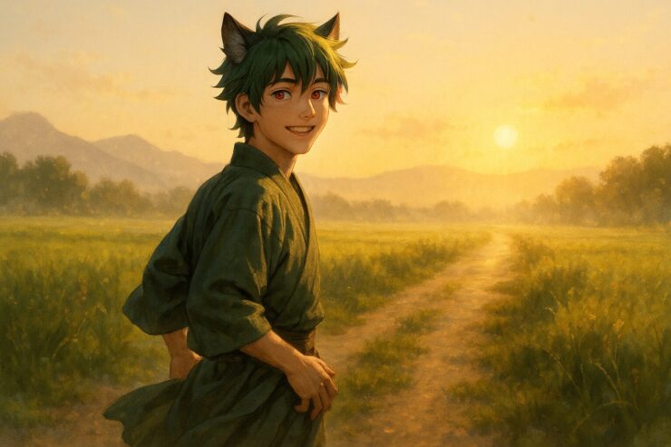 朝の田舎道を散歩するサクロウが、振り返って微笑む。火種のような瞳と風になびく布に、続けてきた朝の時間の静けさが宿る。 Sakurou walks along a countryside trail at sunrise, turning back with a warm smile. His eyes glow softly as the morning breeze lifts his cloth—quiet proof of habit.