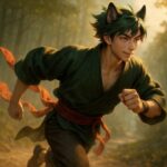 朝霧の山道を走る青年サクロウ。風をまとった羽織が宙に舞い、火種のような瞳が未来を見据えている。静けさと躍動が同居する一瞬。 Sakurou runs through a misty forest trail at dawn. His haori flows with the wind as fiery eyes reflect resolve—an image of breath, motion, and quiet strength.