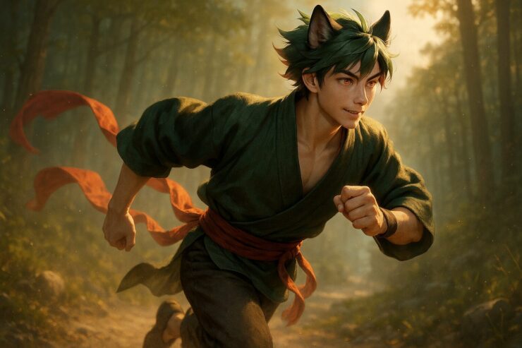 朝霧の山道を走る青年サクロウ。風をまとった羽織が宙に舞い、火種のような瞳が未来を見据えている。静けさと躍動が同居する一瞬。 Sakurou runs through a misty forest trail at dawn. His haori flows with the wind as fiery eyes reflect resolve—an image of breath, motion, and quiet strength.