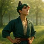 静かな朝の緑地で、青年サクロウが空を見上げる。腰に手を添え、深呼吸する一瞬。風と光が彼の輪郭をやさしくなぞる。 Sakurou looks up into the soft morning light, standing in a quiet park. His hands rest on his waist as he breathes deeply—framed by wind and sunlight.