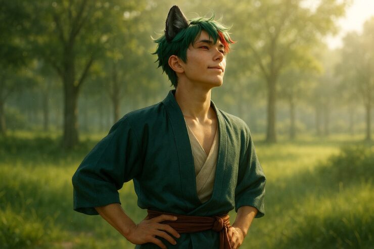 静かな朝の緑地で、青年サクロウが空を見上げる。腰に手を添え、深呼吸する一瞬。風と光が彼の輪郭をやさしくなぞる。 Sakurou looks up into the soft morning light, standing in a quiet park. His hands rest on his waist as he breathes deeply—framed by wind and sunlight.