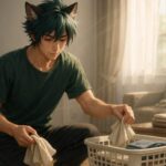 部屋を片付けるサクロウが朝光の中で洗濯物をまとめている場面。緑アクアの髪と狼耳が柔らかく揺れ、シンプルな一人暮らし部屋に清潔感が漂う様子。 Sakurou tidying his room in the morning light placing clothes into a laundry basket. His green aqua hair and wolf ears move gently as the clean and calm atmosphere fills the simple one room space.