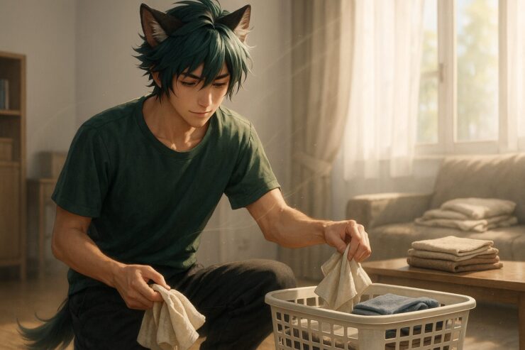 部屋を片付けるサクロウが朝光の中で洗濯物をまとめている場面。緑アクアの髪と狼耳が柔らかく揺れ、シンプルな一人暮らし部屋に清潔感が漂う様子。 Sakurou tidying his room in the morning light placing clothes into a laundry basket. His green aqua hair and wolf ears move gently as the clean and calm atmosphere fills the simple one room space.