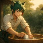 腕まくりしたサクロウが、昔ながらのたらいと洗濯板で洗濯している横長構図。風が布を揺らし、木漏れ日が差し込む中で、丁寧に汚れを落としているシーン。 "A wide horizontal illustration of Sakurou rolling up his sleeves and washing laundry with a traditional washboard and wooden basin. Soft wind moves the cloth as sunlight filters through the trees."