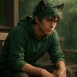 静かな森の中でベンチに腰掛け、運動後の体を休ませている狼獣人の青年サクロウ。深呼吸しながら筋肉を回復させている落ち着いた静養シーン。 Sakurou, a young wolf beastman, sitting quietly on a wooden bench in a forest, resting his body after exercise and focusing on calm muscle recovery.