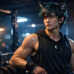 夜のジムで汗をにじませながら休憩する狼獣人サクロウ。アクアグリーンと赤い差し色の短髪、赤い瞳、黒いスリーブレス、勾玉のネックレス。Sakurou, a wolf beastman, resting after a workout in a night gym—sweat on his skin, aqua-green hair with red streaks, red eyes, black sleeveless top, and a magatama pendant.