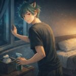 夜の一人暮らしワンルームで、狼獣人の青年サクロウが窓を少し開けて換気しながら、ベッド横の消臭スプレーを手に取って部屋の空気を整えている横長イラスト。A wide illustration of Sakurou, a young wolf-eared man in a small room at night, slightly opening the window for fresh air while holding a deodorizing spray beside the bed.