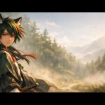 朝霧の森の山道で振り返り微笑む狼獣人サムライ「サクロウ」。緑アクアの短髪に赤い差し色、燃えるような赤い瞳、風に揺れる羽織と袴、柔らかな朝光と霞の中で静かな再起動の気配を纏う横長ビジュアル。 Sakurou, a wolf-beast samurai, glances back with a gentle smile on a misty forest mountain path. Green-aqua short hair with red streaks, fiery red eyes, and wind-fluttering traditional garments in soft morning light, with wide negative space in a horizontal banner.