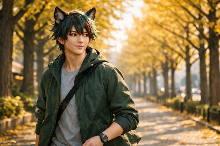 朝の都会でイチョウ並木を颯爽と歩くサクロウ。落ち着いた私服姿で、穏やかな朝の空気と活力ある表情が印象的な横長ポートレート。 Sakurou walking briskly through a city ginkgo-lined street in the morning. A calm yet energetic portrait in casual wear, capturing a peaceful urban atmosphere.