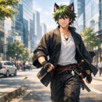 朝の都会の大通りを颯爽と歩く私服のサクロウ（狼獣人）。赤い瞳と緑青の短髪に赤い差し色、黒い羽織と街の光、風で舞う葉が活力を感じさせる横長ポートレート。 Sakurou, a wolf-beastman in casual urban wear, strides confidently down a modern city street in the morning. Fiery red eyes, green-aqua short hair with red streaks, a flowing haori jacket, and wind-blown leaves convey vivid energy in a wide horizontal portrait.