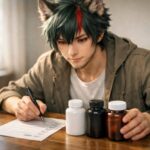 サクロウが机の上で3本のサプリボトルを見比べ、チェックシートにメモしながら選び方を整理している横長ポートレート。／Sakurou compares three supplement bottles on a desk and takes notes on a checklist in a wide landscape portrait.