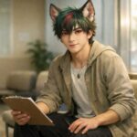 病院の待合室のベンチに腰掛け、クリップボードを手に静かに順番を待つサクロウ。朝の窓光が頬と髪を柔らかく照らす横長ポートレート。 Sakurou sits on a bench in a modern hospital waiting room, holding a clipboard and calmly waiting his turn. A wide portrait with soft morning window light.