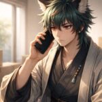 引っ越し見積もりの電話をかけるサクロウ。神妙な表情でスマホを耳に当て、段ボールがある部屋で朝の光を受けながら静かに考えている横長ポートレート。 Sakurou holds a smartphone to his ear with a solemn, thoughtful expression in a room with moving boxes, lit by soft morning sunlight (landscape portrait).